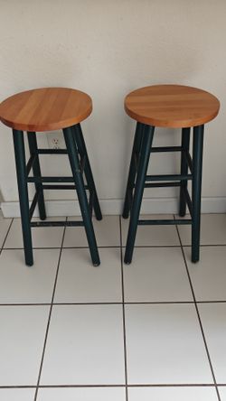 Pair of Solid Wood Round Bar Stools (Natural Top & Dark Green Base)