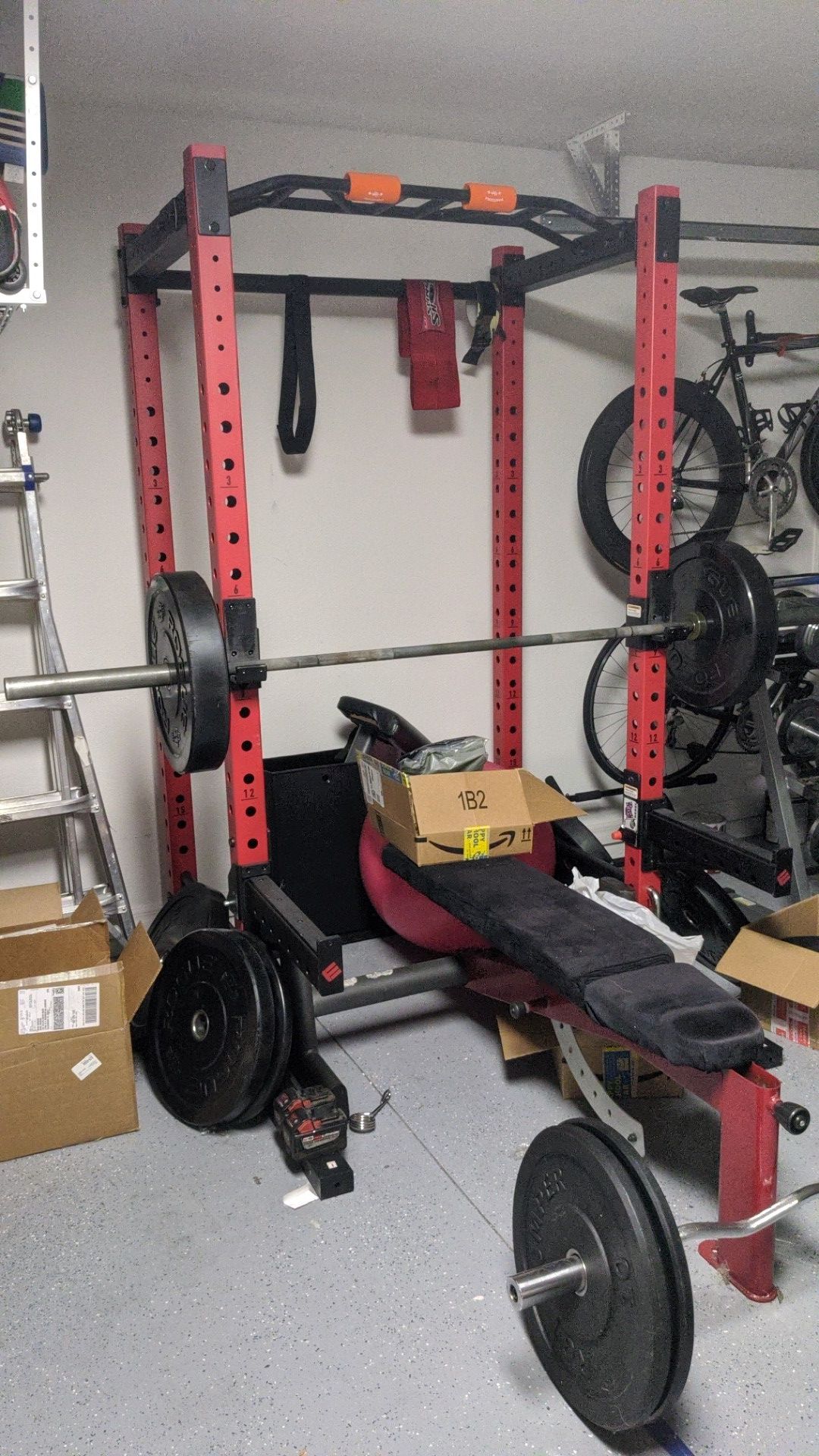 ETHOS Squat Rack Cage ROGUE Bumper Plates Barbell