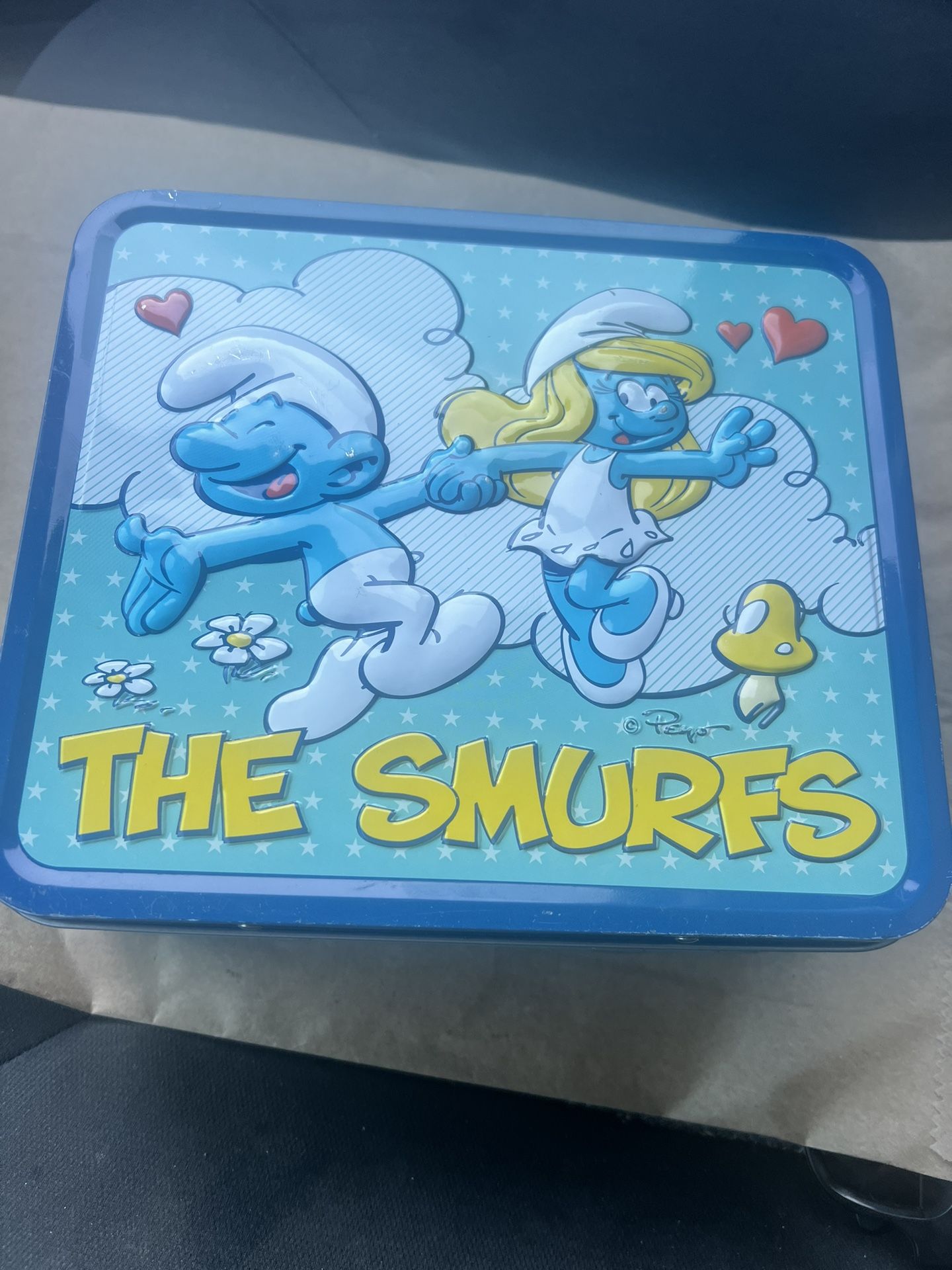 New Smurfs Peyo Dancing Smurfs 8”x7”x4” Tin Metal Lunchbox RARE Collectible