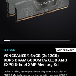 VENGEANCE® 64GB (2x32GB) DDR5 DRAM 6000MT/s CL30 AMD EXPO & Intel XMP Memory Kit