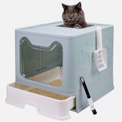 Foldable Cat Litter Box w/ Lid Enclosed Cat Potty Top Entry Anti-Splashing Blue