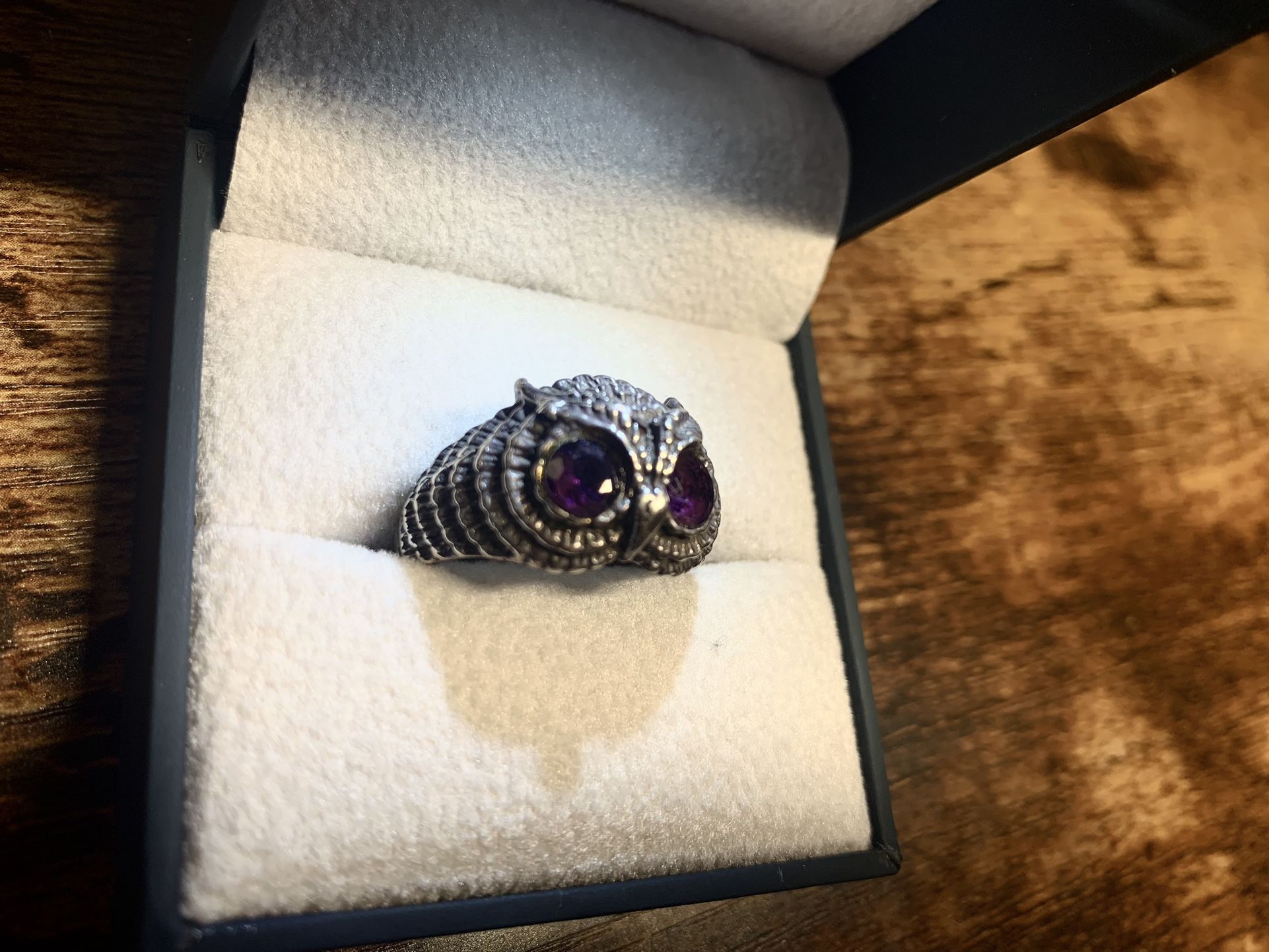 Sterling Silver Owl Ring w/ Genuine Amethyst Gemstones 