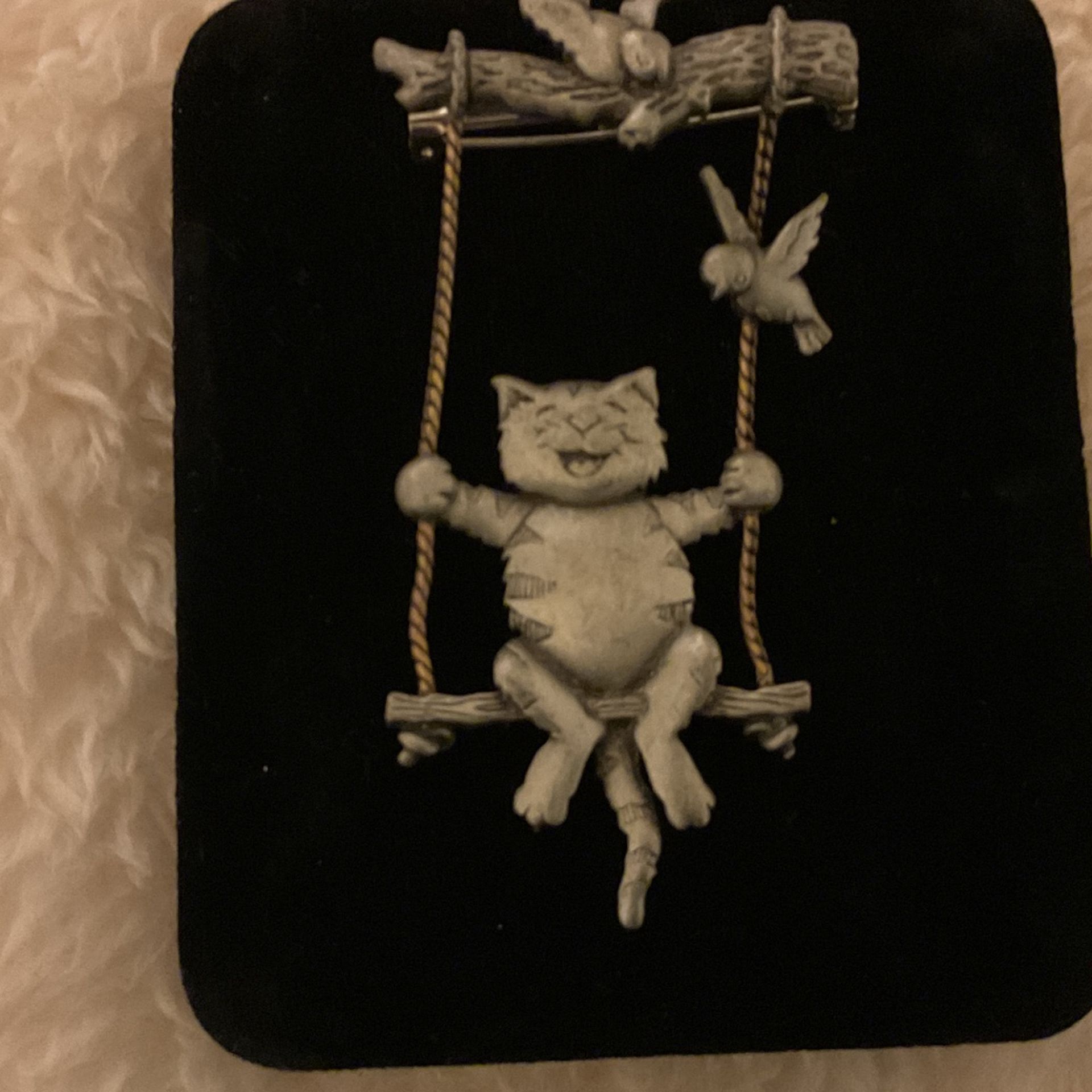 Vintage Pewter Cat swinging on a dangling Swing( JJ Jonette)