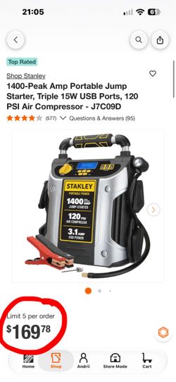 Stanley 1400 Peak Amp Jump Starter + Air Compressor – NEW Open Box – $120