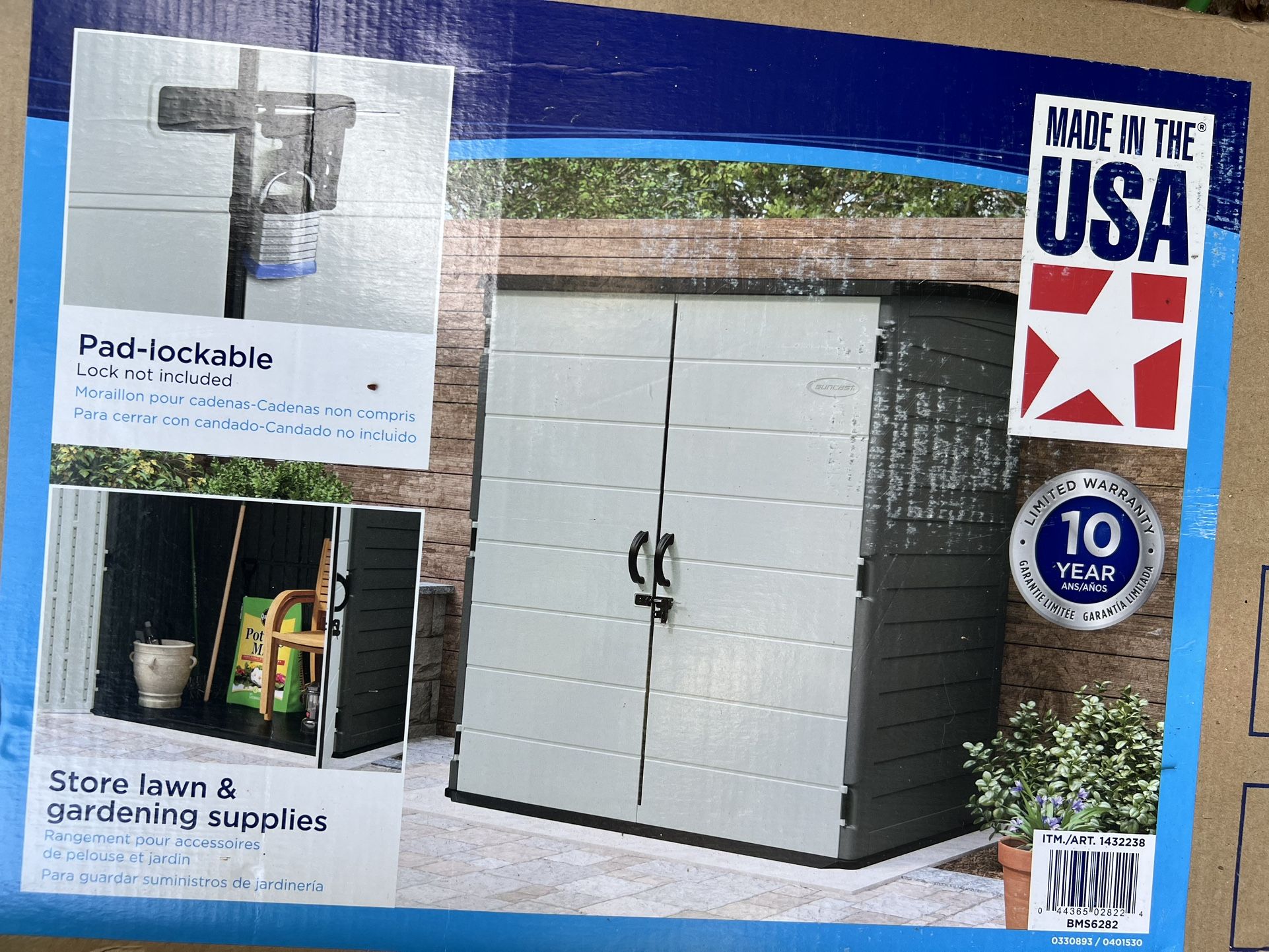 New in box suncast extra large vertical shed made in USA
