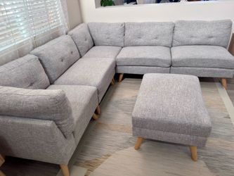 Detachable Mid-Century Modern Grey Modular Sectional Sofa with Ottoman