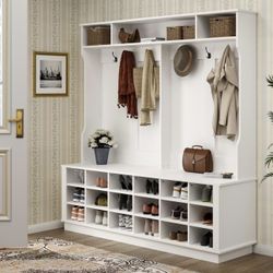 NEW-AIEGLE Large 3-in-1 Hall Tree, Entryway Hall Tree with Shoe Bench, Coat Rack, 18 Shoe Storage Cube and 6 Hanging Hooks for Hallway, White (63" L x