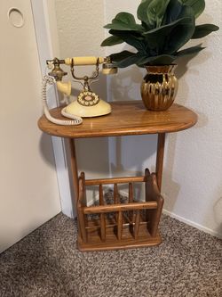 Vintage Oak Wood Side Table with Magazine Rack