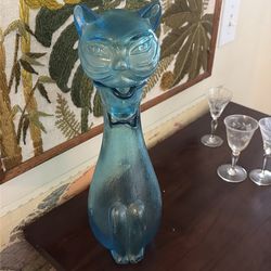 Vintage Italian Empoli Blue Glass Cat Decanter Bottle Figural 9 Inch Tall 1960s