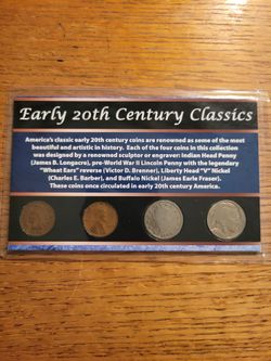 Nicely Displayed 1906 cent, 1920 wheat, 1905 V and 1936 Buffalo