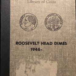 1946 to 1963 Collection of Roosevelt Head Dimes • 46 Coin Set with Key Dates in Vintage Coin Album Book • 90% Pure Silver (.90 Fine)