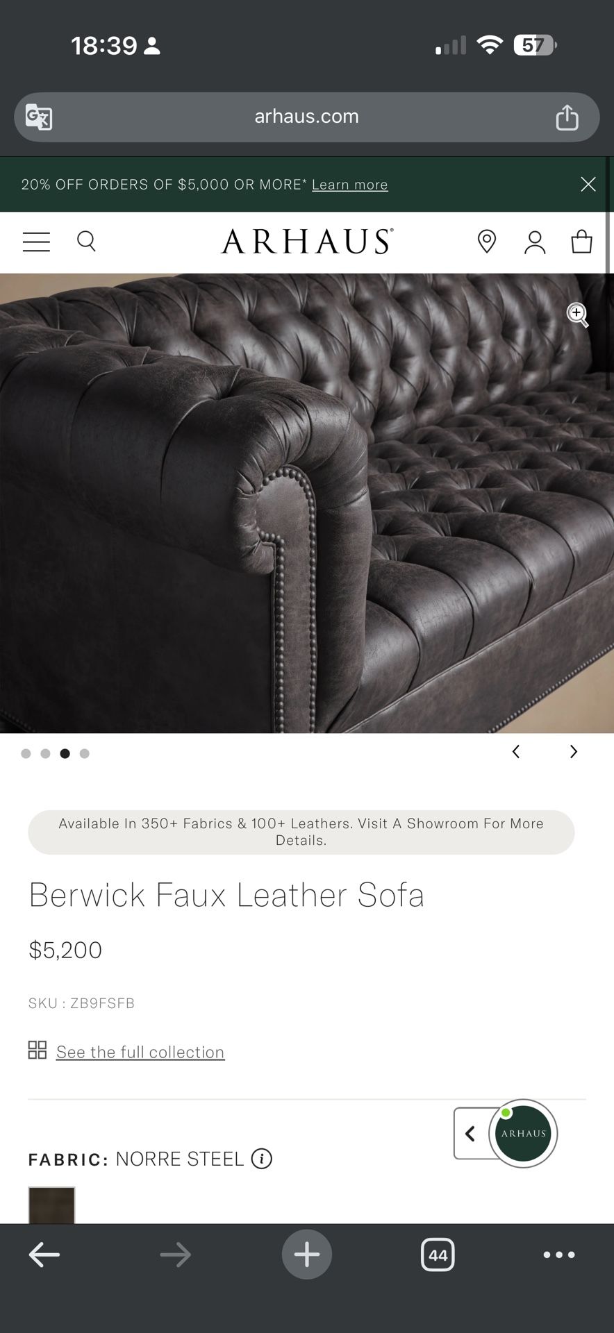 Berwick Faux Leather Sofa Brand “Arhaus”