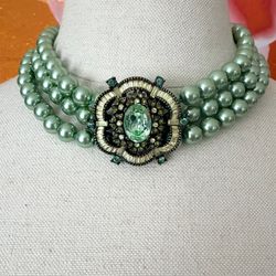 Heidi Daus Seafoam Green Multi Strand Faux Pearl Statement Necklace Crystal Clasp