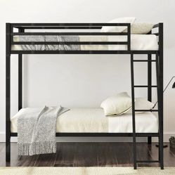 Bunk Bed Twin Over Twin Size for Junior & Adults with Ladder and Heavy Duty Guardrail, Small Space Saving Design for Bedroom Kid Room and Dorm, Black