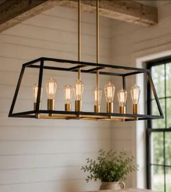Carter 8-Light Black and Gold Farmhouse Chandelier Hanging Light Fixture for Dining Room or Kitchen
