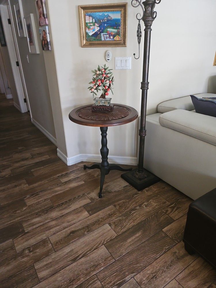 Pretty Wooden Table With Heavy Iron Stand 24 X 24. Height Is 29 Inches High.