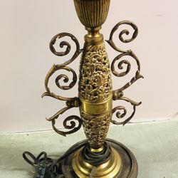 Antique Brass Lamp With Wooden Base Two Bulb Stand 