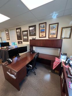 L-Shaped Executive Desk with Overhead Storage (Hutch) | Office Move Sale