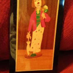 Vintage Marquetry Inlay Wood Art Clown, Wall Hanging, Italy.