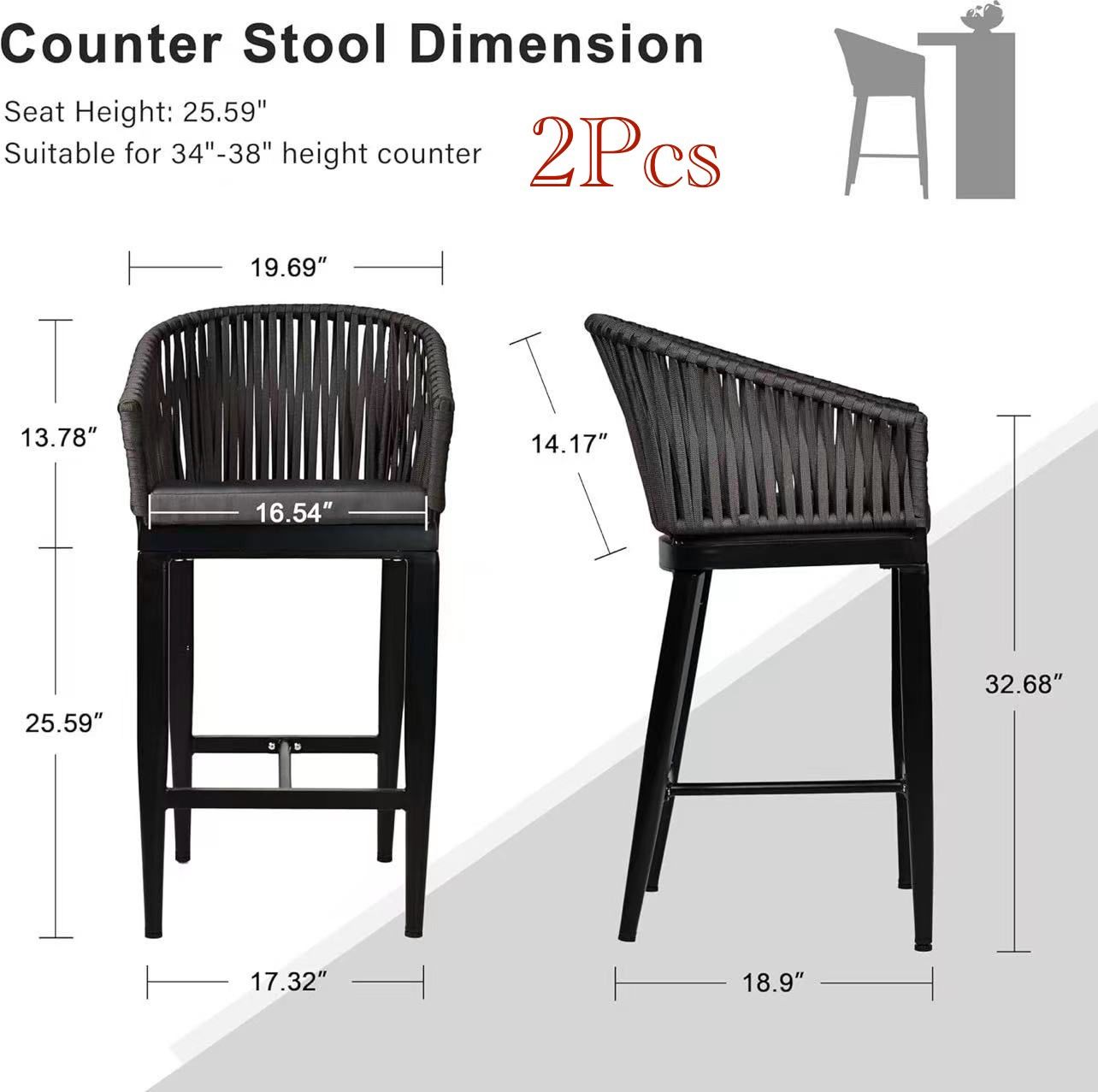 🥨2Pcs 25 Inch Outdoor Counter Height Bar Stools, Woven Back Counter Bar Chairs with Cushion, Aluminum Boho Counter Height Barstools
