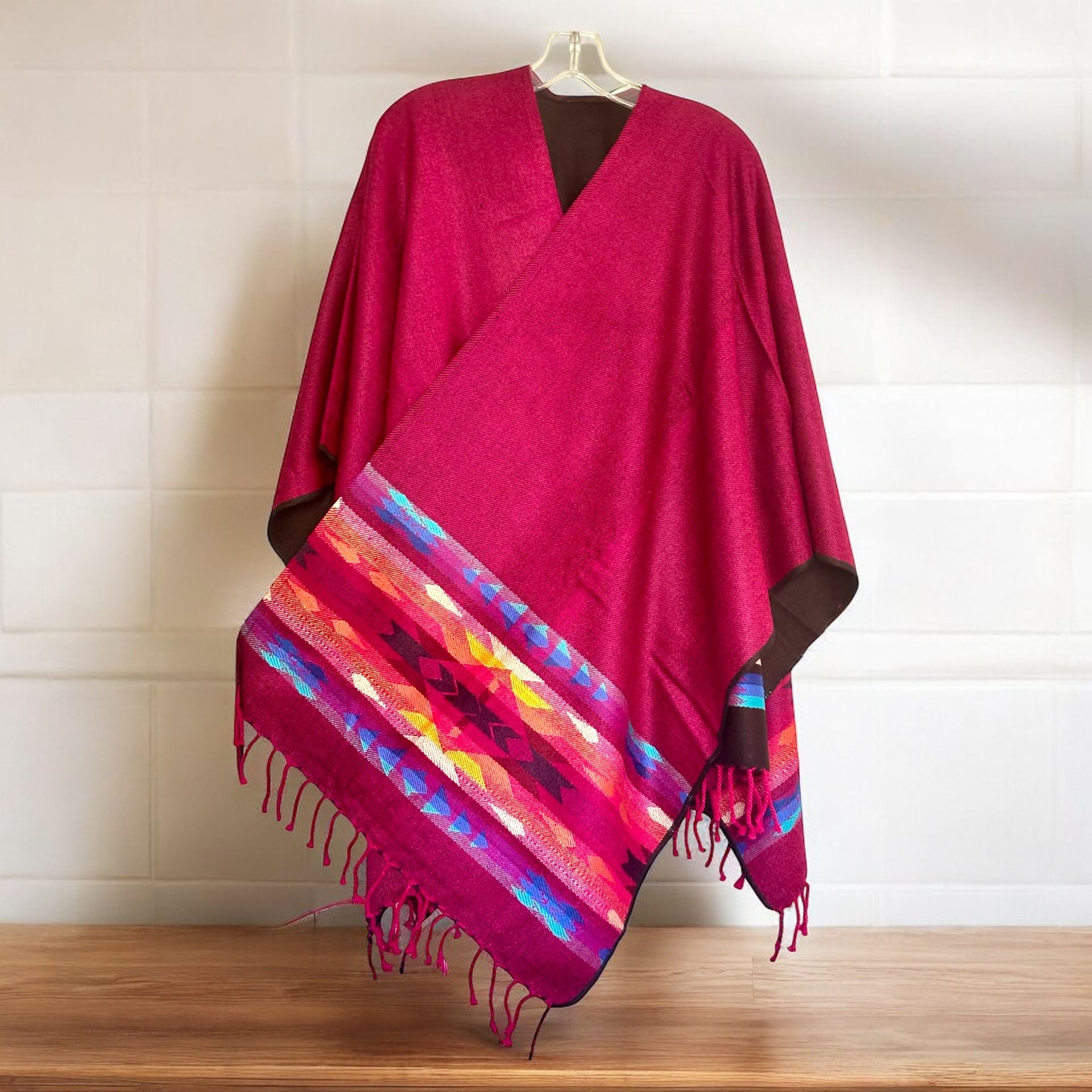 Soft & Cozy Wool Hand-knitted Reversible Poncho, Color Burgundy & Black. Handmade