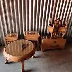 Japanese Tea Table W/ 4 Stools, Cedar Chest, Stacking Tables, & Mirror