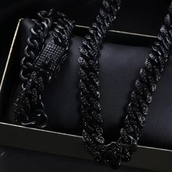 2-Pcs Men's Women's FULLY ICED Miami Cuban Link Chain Rhodium Plated Black Cubic Zirconia 24 Inches Necklace & Bracelet Set