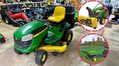 JOHN DEERE D140 MOWER + SNOW BLOWER + DUMP CART + BAGGER LOW HOURS
