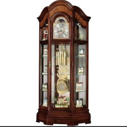 Luxury Grandfather Clock & Curio Display Cabinet – Solid Wood, Glass Shelves, LED Lights 