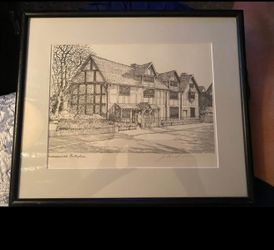 Framed Black & White Lithograph/print Shakespeare’s birthplace signed by artist