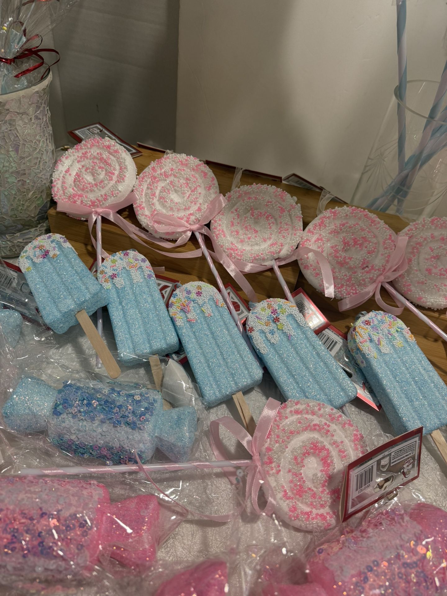 Pastel Colors Candy Christmas Ornaments toral 38pcs sizes 51/2” and up to 22” tall see information