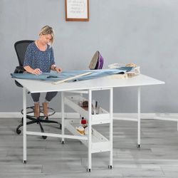 Home Hobby Craft Table With Storage Shelves, Mobile Folding Cutting Table For Large Fabric, 35.5in, For Home Office Sewing Room Craft Room