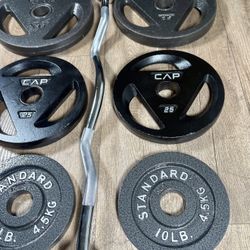 Olympic Equipment: Silver Curl Bar With Cooper Bearings & Weight Plates Pairs Of  35s, 25s And 10 Pounds   (Total: 160 lbs)  💪🏾No holds unless you e