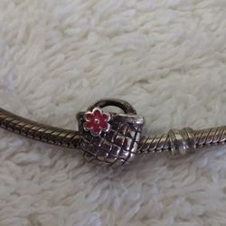 Sterling Silver Chamilia Beach Basket with Pink Enamel Flower Bracelet Charm
