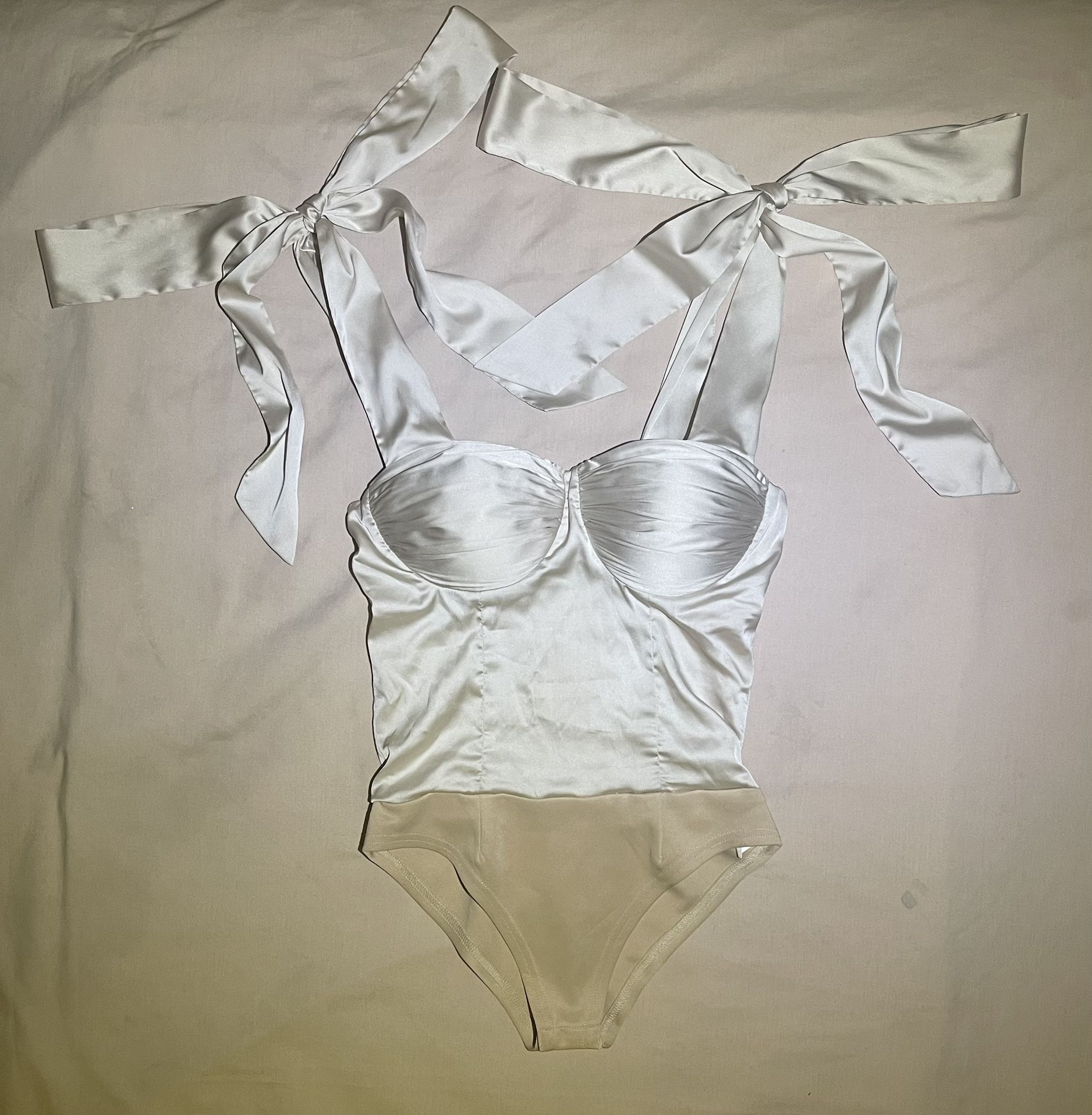 Rare London Ivory Satin Bustier Bodysuit with Bow Tie Straps – Size Small (Sample Piece)