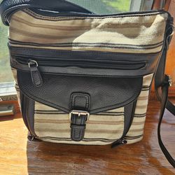 Bag Has Alot Of Compartments ,7 Inch High 6 Half Wide Black Leather With Stripes Of Blk Beidge, Light Brown Material
