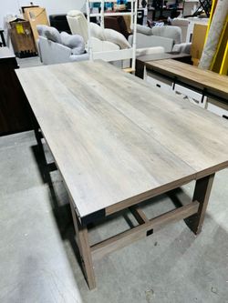WAMPAT Farmhouse Dining Room Table for 6 Person, 67.7 Inch Rectangular Wood Modern Kitchen Table with Metal Decor and Footrest, Rustic Grey