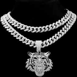 Iced Out Bling 14K White Gold Plated Cubic Zirconia Tiger Pendant & Miami Cuban Chain Necklace