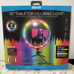 10" TABLETOP RGB RING LIGHT WITH TABLETOP BALLHEAD TRIPOD + PHONE HOLDER TRIPOD