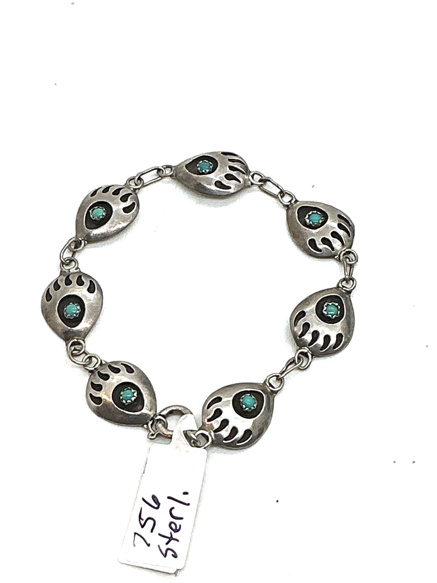 Sterling Turquoise Bear Paw Bracelet And Earrings