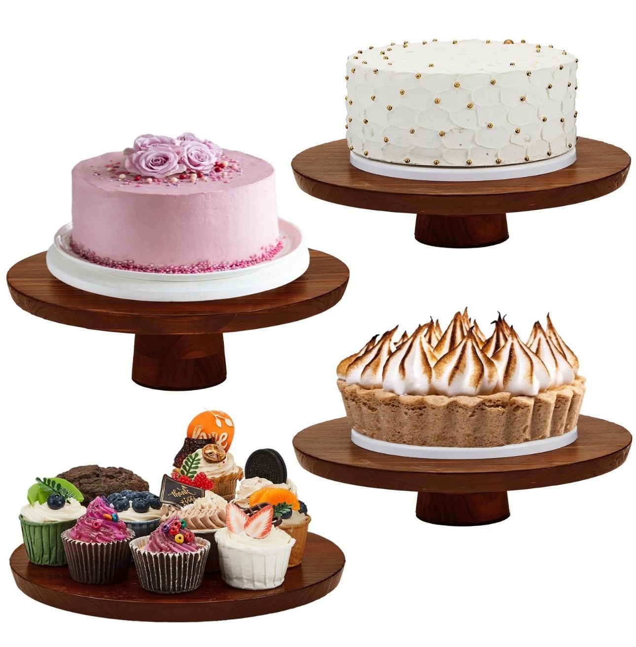 (5555-8) 4 Sets De Soporte De Torta De Madera Rústica De 12 Pulgadas, Plataforma Giratoria Para Tartas, Elevadores Redondos Para Alimentos, Para Decor