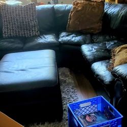 Black 3 Piece Leather Sectional And Large Storage Ottoman