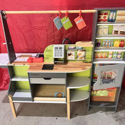 Wooden Play Kitchen With Many Kitchen Toys