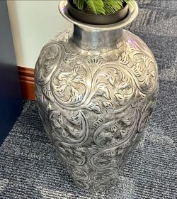 Large Decorative Embossed Metal Vase + Faux Plant – 30” Tall