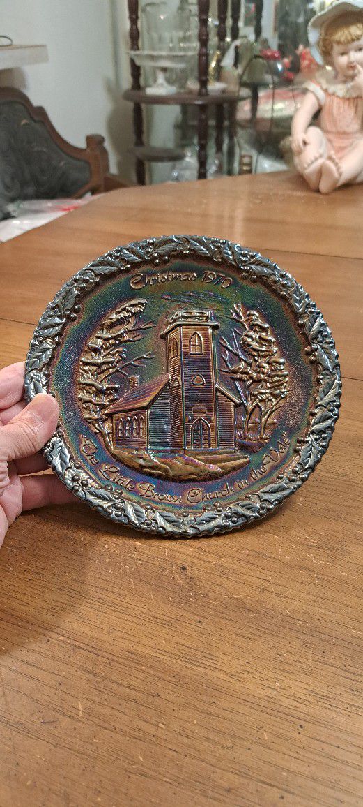 Collectible Fenton Iridescent Carnival Glass 8" Plate, Christmas 1970 " The Little Brown Church In The Vale" Plate: No 1