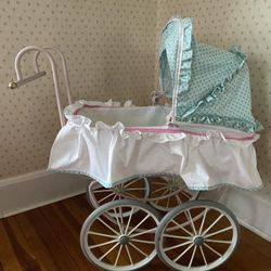 Vintage metal frame doll stroller. New custom made basinet and hood and pillow