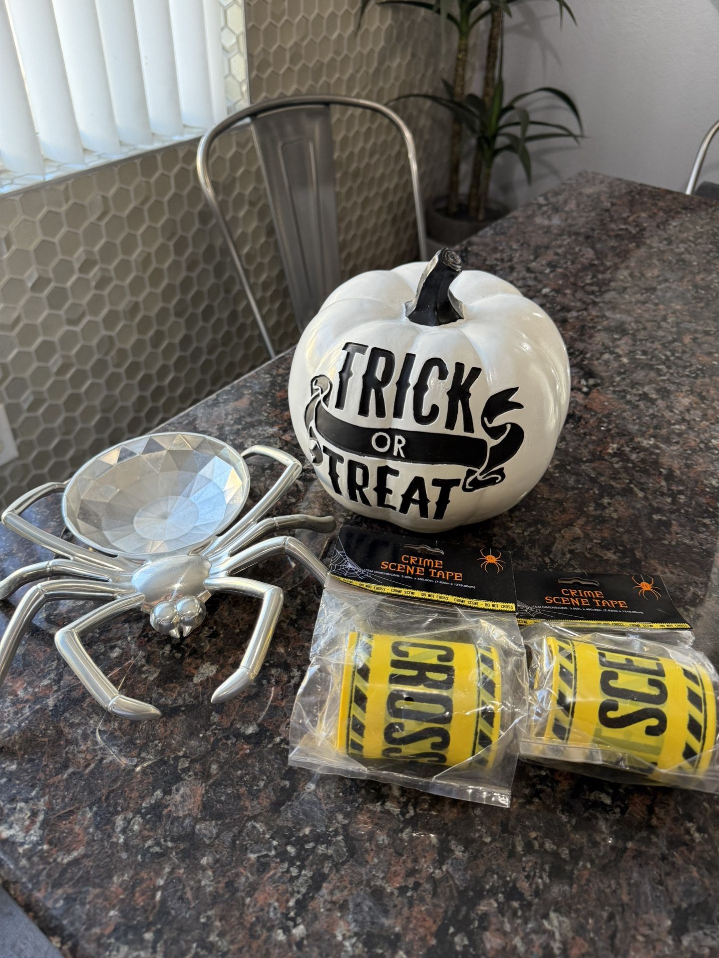 TRICK OR TREAT PUMPKIN WHITE PUMPKIN SPIDER TRAY CAUTION TAPE HALLOWEEN DECOR