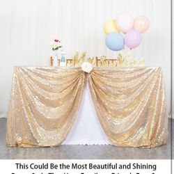 ShinyBeauty Sequin Tablecloth 90x132-Inch Light Gold Rectangle Table Cloth Glitter Table Cover Champagne Gold Tablecloth Decorative Table Overlay Spar