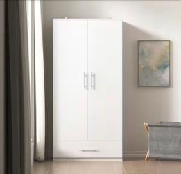 White Wood 31.5 in. W Bedroom Armoi re with Hanging Rod, Drawer and Silver Handles, Modern Wardrobe Close t with Storag e