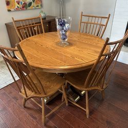 Solid Wood Dining Table with Four Leaves & Six Chairs